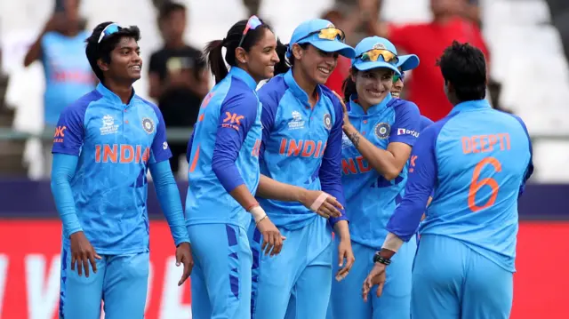 Players of India celebrate the wicket of Shemaine Campbelle of West Indies during the ICC Women's T20 World Cup group B match between West Indies and India at Newlands Stadium