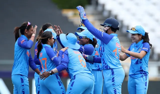 Players of India celebrate the wicket of Stafanie Taylor of West Indies taken by Deepti Sharma of India during the ICC Women's T20 World Cup group B match between West Indies and India at Newlands Stadium