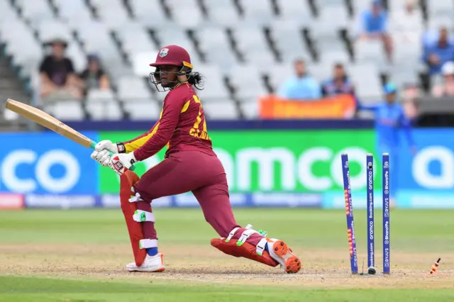 West Indies' Shabika Gajnabi reacts after being bowled by India's Renuka Singh Thakur (not seen) during the Group B T20 women's World Cup cricket match between West Indies and India at Newlands Stadium in Cape Town