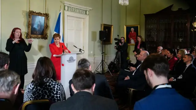 Nicola Sturgeon addresses reporters during a press conference