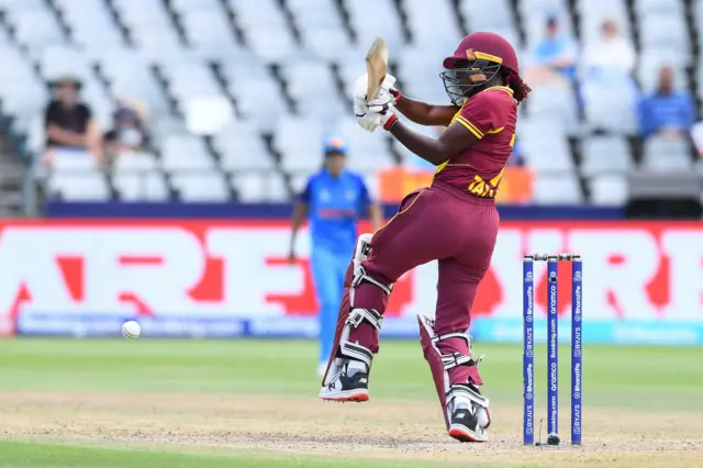 West Indies' Stafanie Taylor plays a shot during the Group B T20 women's World Cup cricket match between West Indies and India at Newlands Stadium in Cape Town