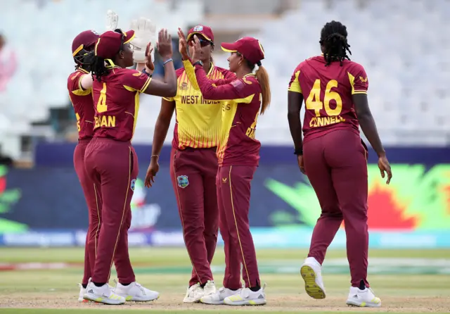 Karishma Ramharack of West Indies celebrates the wicket of Shafali Verma of India during the ICC Women's T20 World Cup group B match between West Indies and India at Newlands Stadium on February 15, 2023 in Cape Town, South Africa.