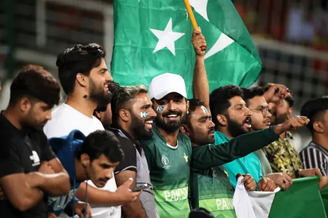 Spectators react in the crowd during the ICC Women's T20 World Cup group B match between Pakistan and Ireland at Newlands Stadium on February 15, 2023 in Cape Town, South Africa