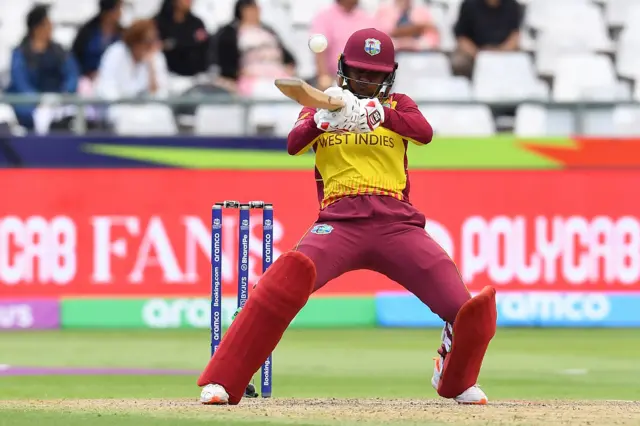 West Indies' Shabika Gajnabi plays a shot during the Group B T20 women's World Cup cricket match between West Indies and India at Newlands Stadium in Cape Town