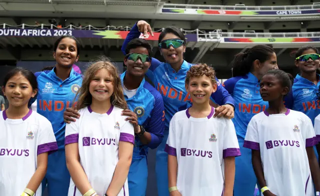 Players of India line up ahead of the ICC Women's T20 World Cup group B match between West Indies and India at Newlands Stadium on February 15, 2023 in Cape Town, South Africa