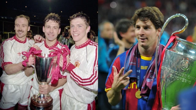 Split picture of Manchester United players celebrating the European Cup Winners' Cup triumph in 1991 and Lionel Messi with the Champions League trophy in 2011