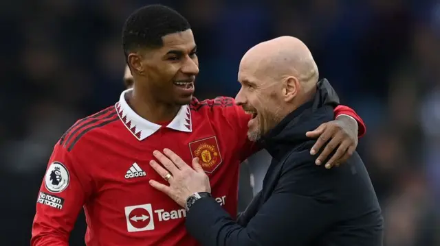 Marcus Rashford & Erik ten Hag embrace