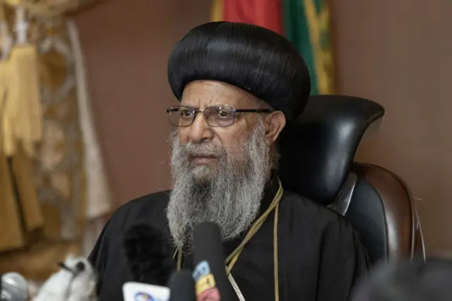 Abune Mathias, Patriarch of the Ethiopian Orthodox Tewahedo Church, briefs the media in Addis Ababa, Ethiopia, on February 11, 2023