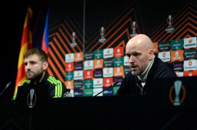 Erik ten Hag and Luke Shaw at their Europa League press conference.