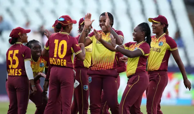 West Indies celebrate the wicket of Amy Hunter