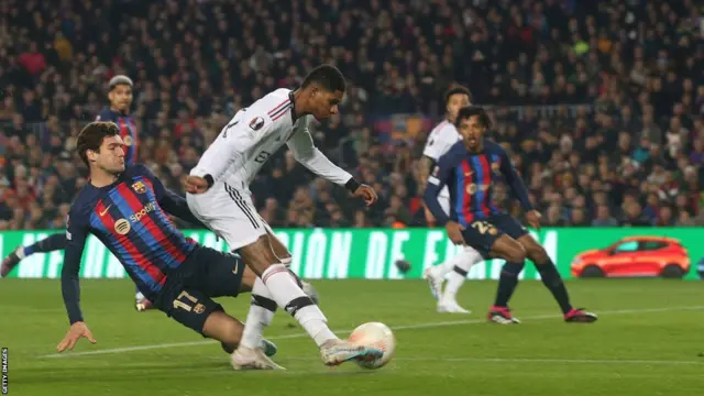 Marcus Rashford scores his 22nd goal of the season for Manchester United at Barcelona