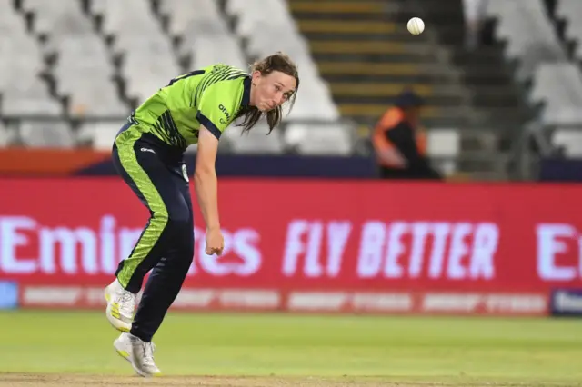 Ireland's Orla Prendergast delivers a ball during the Group B T20 women's World Cup cricket match between West Indies and Ireland at Newlands Stadium in Cape Town