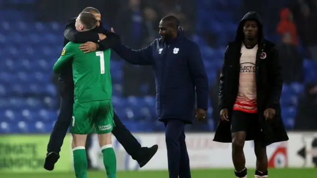 Cardiff City Manager Sabri Lamouch celebrates with Ryan Allsop of Cardiff City