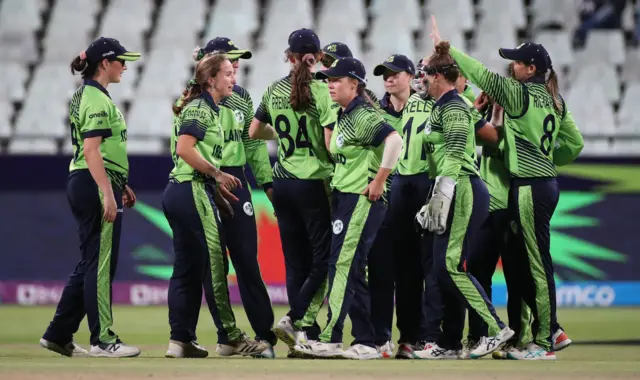 Players of Ireland celebrate the wicket of Rashada Williams of West Indies during the ICC Women's T20 World Cup group B match between West Indies and Ireland at Newlands Stadium