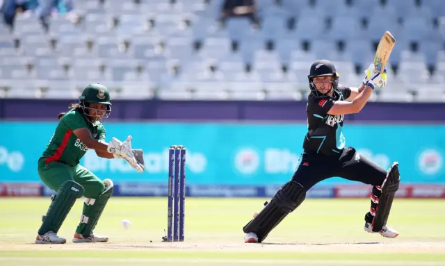 Bernadine Bezuidenhout of New Zealand plays a shot during the ICC Women's T20 World Cup group A match between New Zealand and Bangladesh at Newlands Stadium