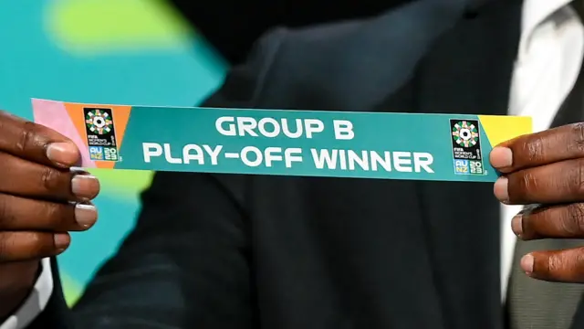 A piece of paper from the 2023 World Cup draw reading 'Group B Play-Off winner'