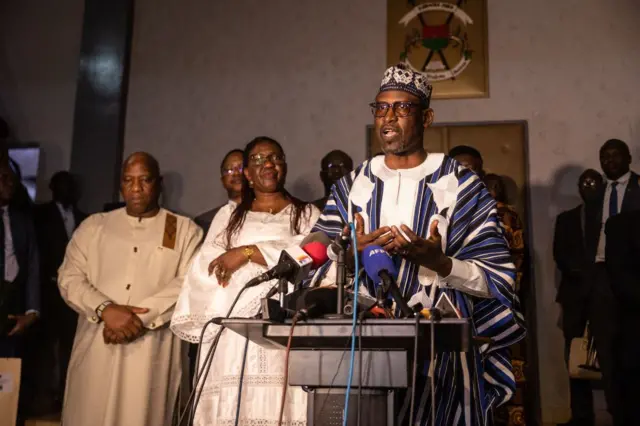 Abdoulaye Diop (R), Minister of Foreign Affairs of Mali, speaks during a joint press conference with Olivia Rouamba (C), Minister of Foreign Affairs of Burkina Faso, and Morissanda Kouyaté (L), Minister of Foreign Affairs of Guinea, in Ouagadougou, on February 9, 2023.