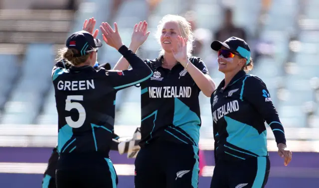 Hannah Rowe of New Zealand celebrates the wicket of Shamima Sultana of Bangladesh during the ICC Women's T20 World Cup group A match between New Zealand and Bangladesh at Newlands Stadium