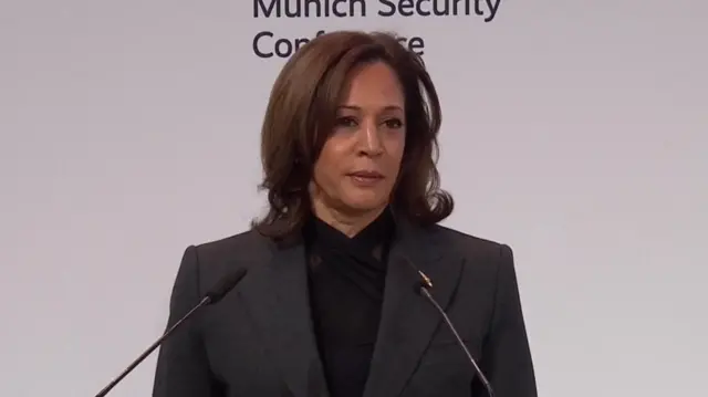 Kamala Harris on stage in Munich