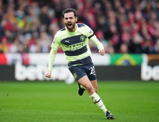 Bernardo Silva of Manchester City celebrates after scoring against Nottingham Forest