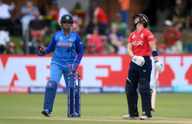 Heather Knight of England reacts after being dismissed during the ICC Women's T20 World Cup group B match between England and India at St George's Park