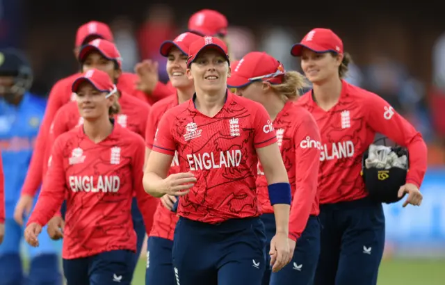 Heather Knight of England leads off their side following the ICC Women's T20 World Cup group B match between England and India at St George's Park