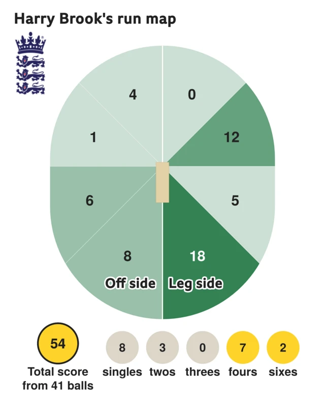The run map shows Harry Brook scored 54 with 2 sixes, 7 fours, 3 twos, and 8 singles for England