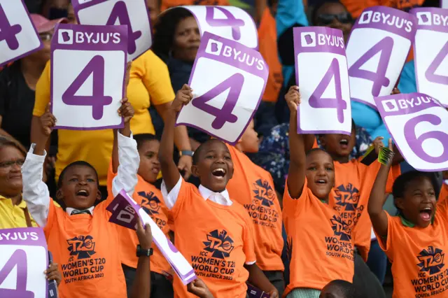 Spectators react in the crowd during the ICC Women's T20 World Cup group B match between England and India at St George's Park on February 18, 2023 in Gqeberha, South Africa