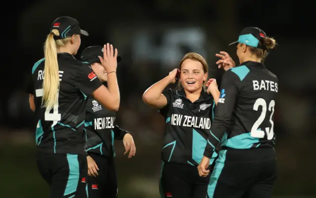 Eden Carson of New Zealand celebrates the wicket of Harshitha Samarawickrama of Sri Lanka during the ICC Women's T20 World Cup group A match between New Zealand and Sri Lanka at Boland Park