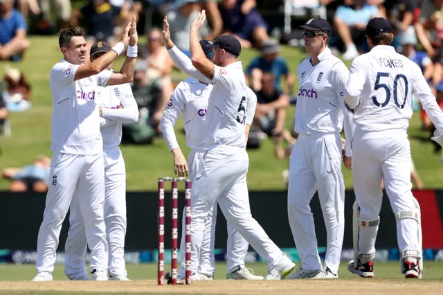 England's James Anderson celebrates a wicket v New Zealand