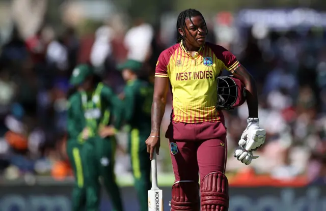 Chinelle Henry of West Indies makes her way off after being dismissed during the ICC Women's T20 World Cup group B match between Pakistan and West Indies at Boland Park