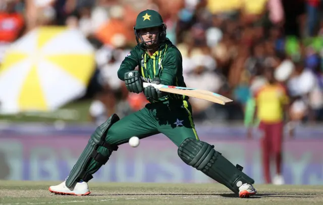 Bismah Maroof of Pakistan plays a shot during the ICC Women's T20 World Cup group B match between Pakistan and West Indies at Boland Park