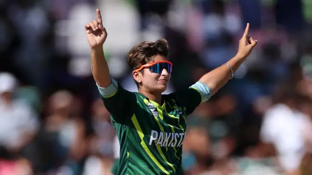 Pakistan's Nida Dar celebrates a wicket against West Indies