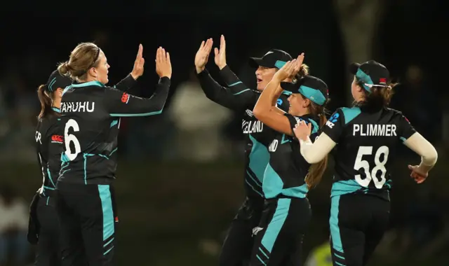 Lea Tahuhu of New Zealand celebrates the wicket of Anushka Sanjeewani of Sri Lanka during the ICC Women's T20 World Cup group A match between New Zealand and Sri Lanka at Boland Park