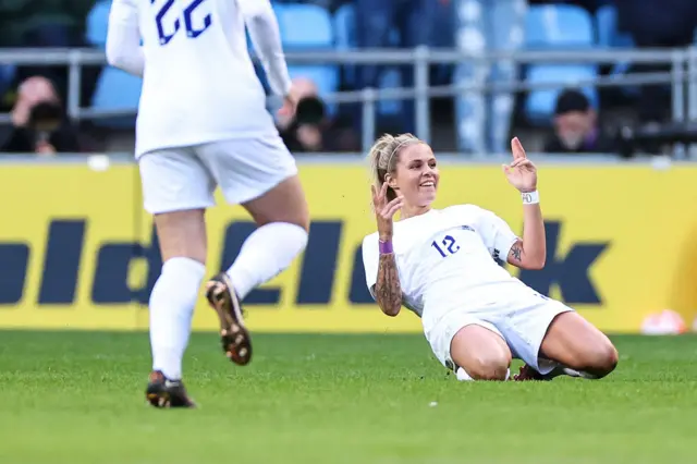 Rachel Daly celebrates scoring her second goal against Italy