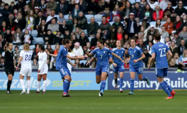 Italy's Sofia Cantore celebrates scoring against England