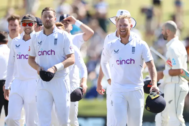 Ben Stokes and Ollie Robinson of England leave the field following day four of the First Test match in the series between New Zealand and England at Bay Oval on February 19, 2023 in Mount Maunganui