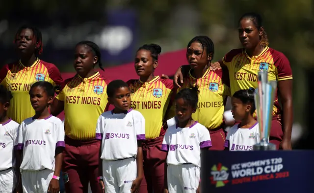 Players of West Indies line up for the National Anthems ahead of the ICC Women's T20 World Cup group B match between Pakistan and West Indies at Boland Park