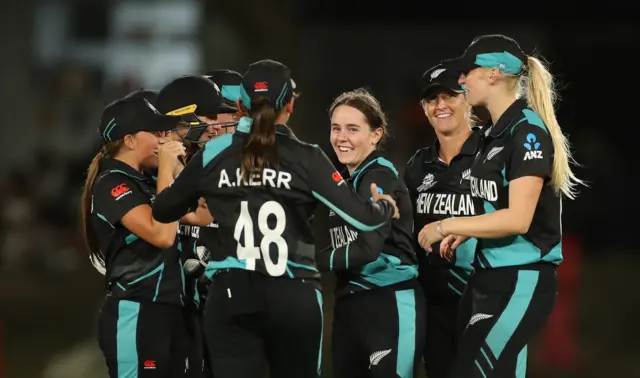 Fran Jonas of New Zealand celebrates a wicket