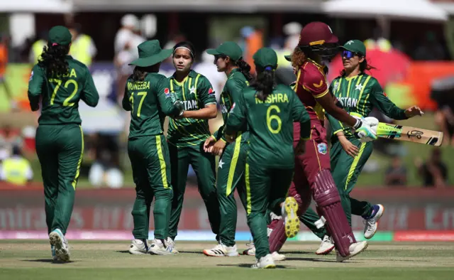 Fatima Sana of Pakistan celebrates the wicket of Hayley Matthews of West Indies during the ICC Women's T20 World Cup group B match between Pakistan and West Indies at Boland Park