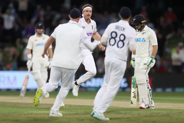 England's Stuart Broad celebrates a wicket v New Zealand in first Test