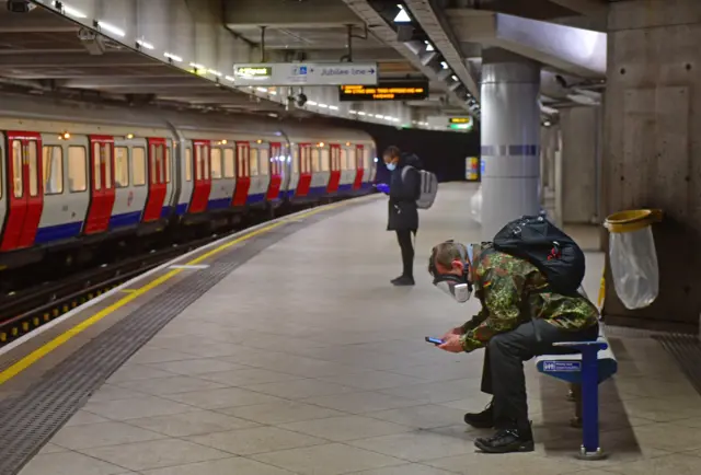 An almost empty platform at Westminster London Underground in April 2020