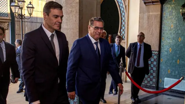 Morocco's Prime Minister Aziz Akhannouch (R) meets with Spanish Prime Minister Pedro Sanchez in Rabat