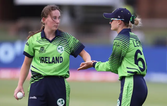 Orla Prendergast and Gaby Lewis of Ireland celebrates the wicket of Smriti Mandhana of India during the ICC Women's T20 World Cup group B match between India and Ireland at St George's Park