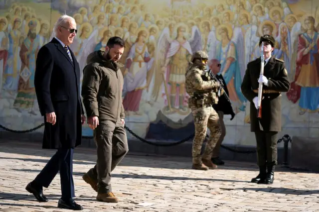 US President Joe Biden walks with Ukrainian President Volodymyr Zelensky at St Michael's Golden-Domed Cathedral during an unannounced visit, in Kyiv, Ukraine, on 20 February 2023