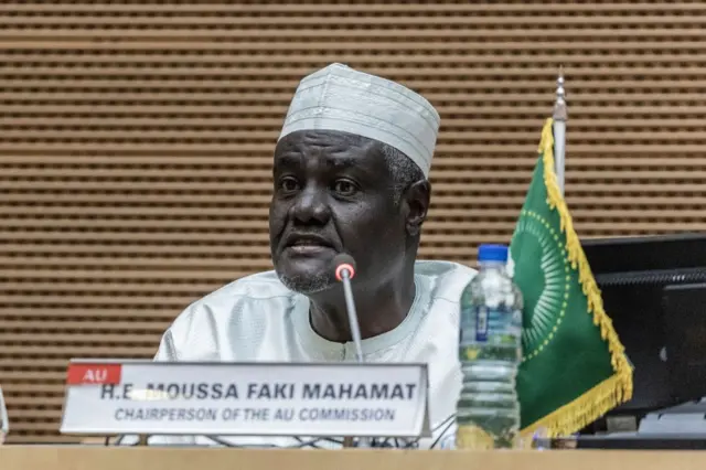 Moussa Faki Mahamat, Chairperson of the African Union (AU) Commission gives an address during the closing ceremony of the 36th Ordinary Session of the Assembly of the African Union (AU) at the Africa Union headquarters in Addis Ababa, Ethiopia on February 19, 2023.