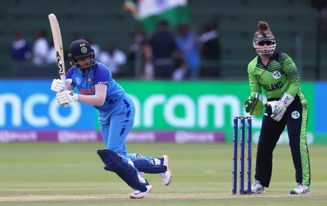 Shafali Verma of India plays a shot as Mary Waldron of Ireland keeps during the ICC Women's T20 World Cup group B match between India and Ireland at St George's Park