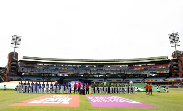 Players of India and Ireland line up for the National Anthems ahead of the ICC Women's T20 World Cup group B match between India and Ireland at St George's Park