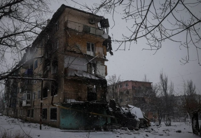 Buildings damaged by a Russian military strike in the front line Donbas city of Vuhleda on 18 February