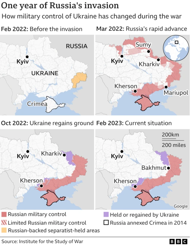 Four maps showing Russia's invasion of Ukraine: pre-war, March 2022, October 2022 and the current situation